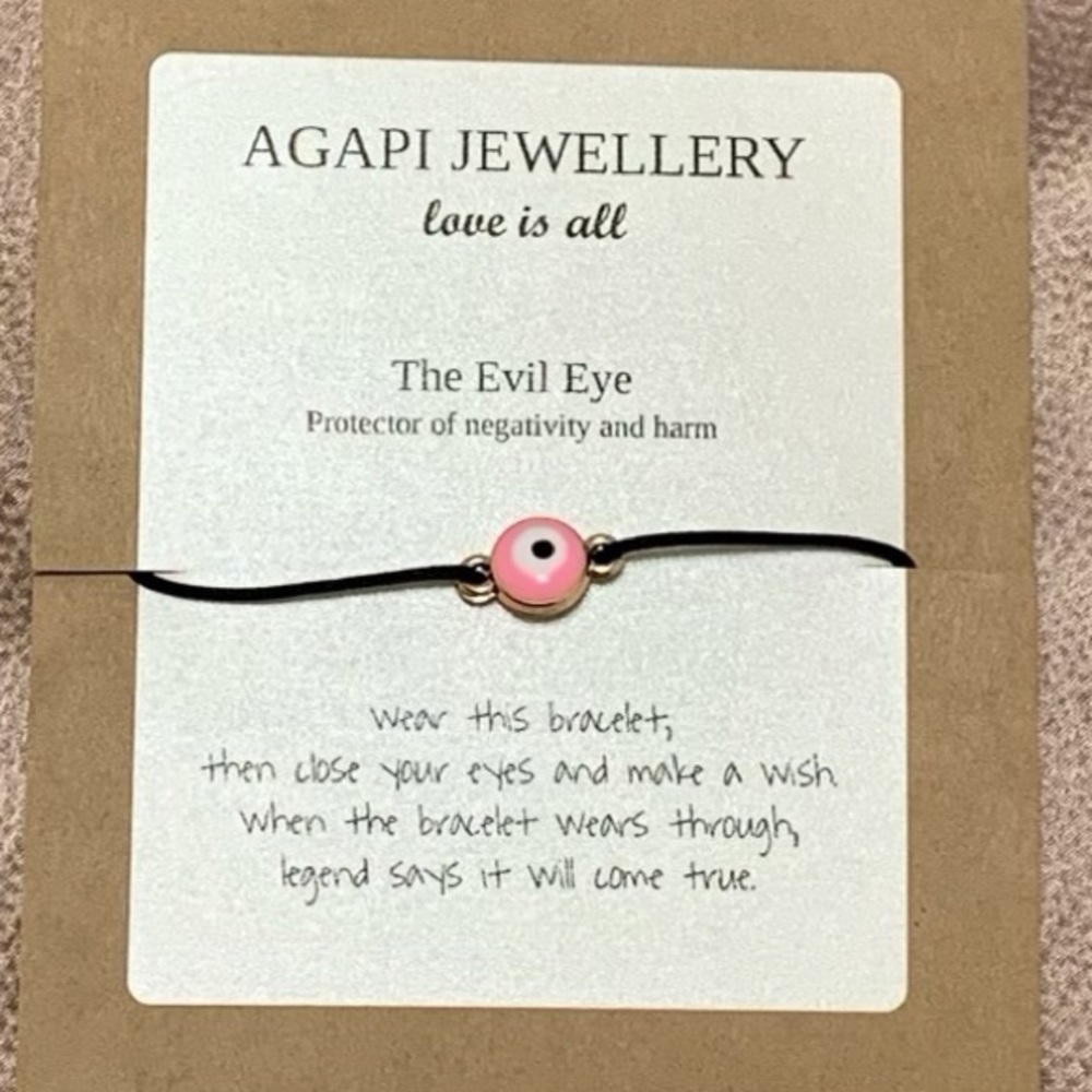 AGAPI JEWELLERY Pink Evil Eye Bracelet -Black Cord